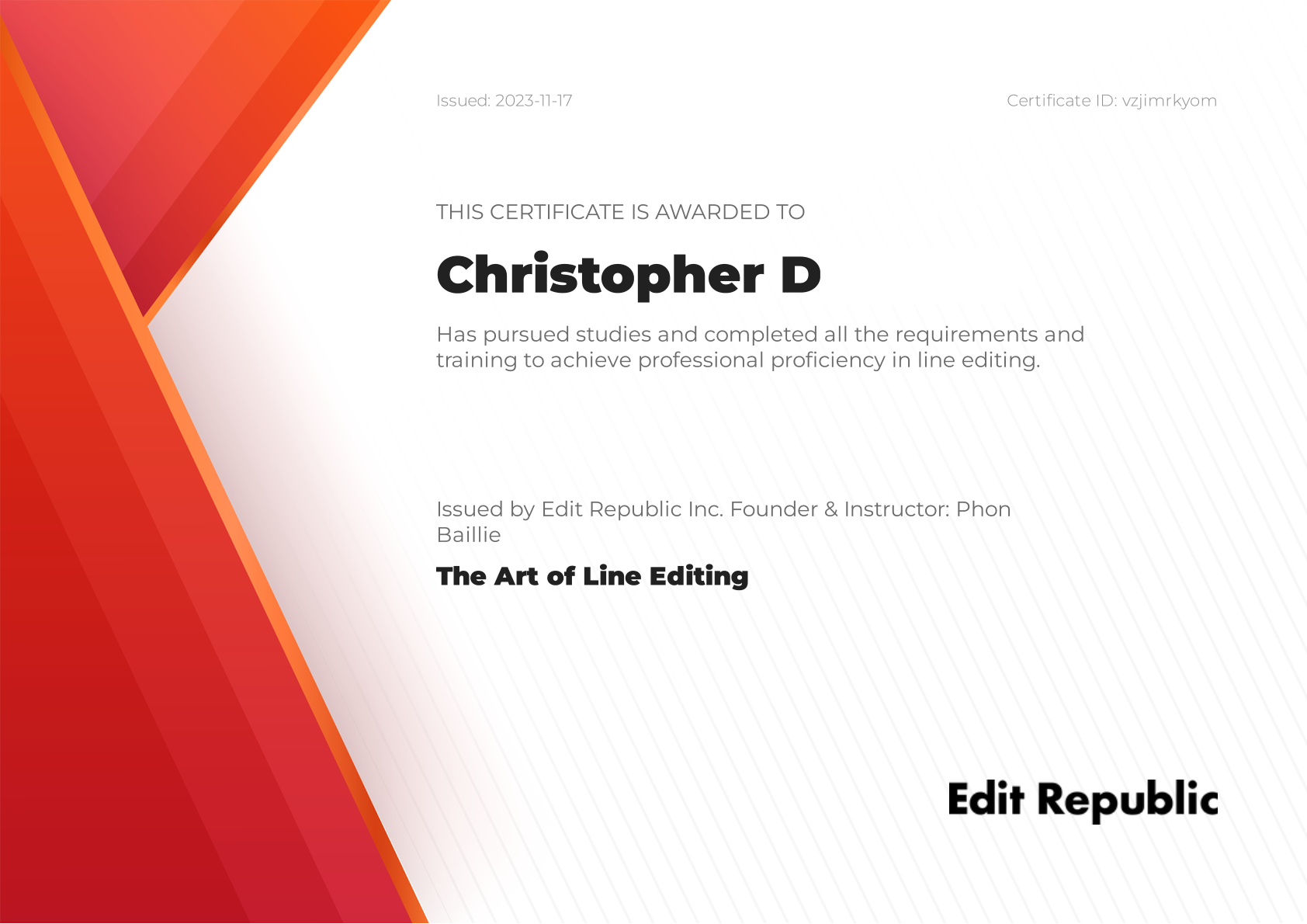 The Art of Line Editing certificate awarded to Christopher D by Edit Republic in 2023